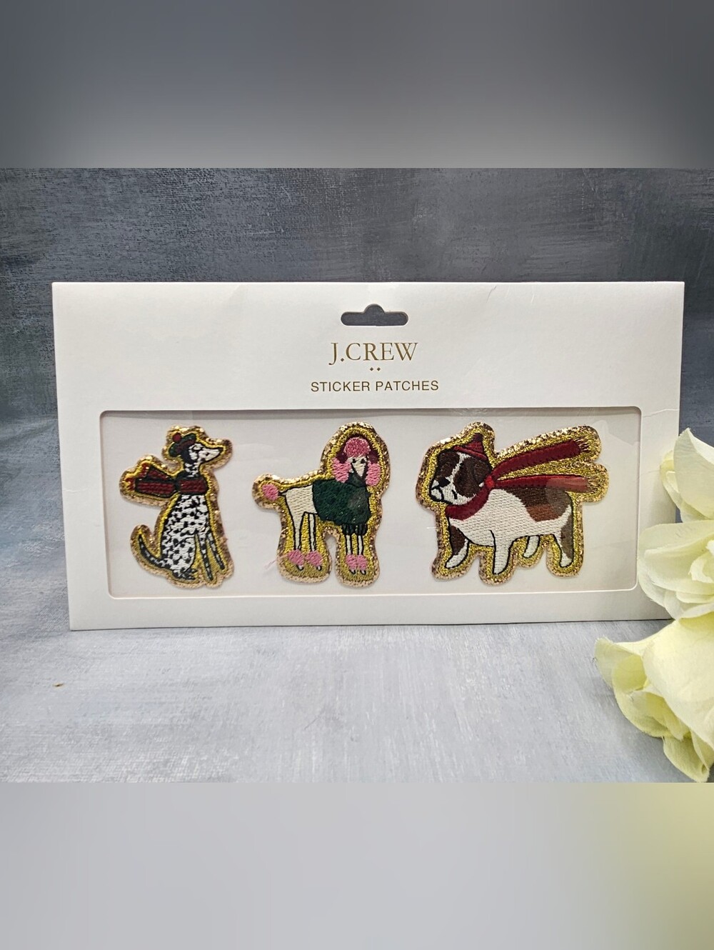 J.Crew nwt Sticker Patches featuring three embroidered dog designs. three adhesi
